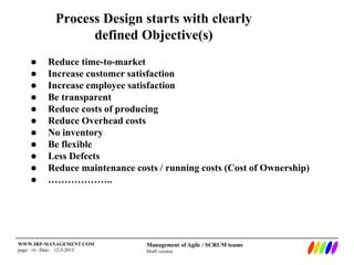 Management of Agile / SCRUM teams
Draft version
WWW.IRP-MANAGEMENT.COM
page: ‹#› Date: 12-3-2015
Process Design starts with clearly
defined Objective(s)
 Reduce time-to-market
 Increase customer satisfaction
 Increase employee satisfaction
 Be transparent
 Reduce costs of producing
 Reduce Overhead costs
 No inventory
 Be flexible
 Less Defects
 Reduce maintenance costs / running costs (Cost of Ownership)
 ………………..
 