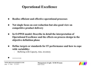 Management of Agile / SCRUM teams
Draft version
WWW.IRP-MANAGEMENT.COM
page: ‹#› Date: 12-3-2015
Operational Excellence
 Realise efficient and effective operational processes
 Not single focus on cost reduction but also good view on
competitive product delivery
 In O-PPOI model: Describe in detail the interpretation of
Operational Excellence and the effects on process design in the
objective definition phase
 Define targets or standards for IT performance and how to cope
with variability:
– Buffering with Capacity, time, inventory
 ………..
 