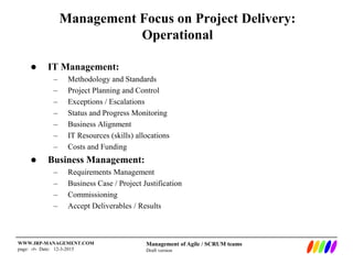 Management of Agile / SCRUM teams
Draft version
WWW.IRP-MANAGEMENT.COM
page: ‹#› Date: 12-3-2015
Management Focus on Project Delivery:
Operational
 IT Management:
– Methodology and Standards
– Project Planning and Control
– Exceptions / Escalations
– Status and Progress Monitoring
– Business Alignment
– IT Resources (skills) allocations
– Costs and Funding
 Business Management:
– Requirements Management
– Business Case / Project Justification
– Commissioning
– Accept Deliverables / Results
 