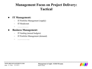 Management of Agile / SCRUM teams
Draft version
WWW.IRP-MANAGEMENT.COM
page: ‹#› Date: 12-3-2015
Management Focus on Project Delivery:
Tactical
 IT Management:
– IT Portfolio Management (supply)
– IT Headcount
– …………….
 Business Management:
– IT funding (annual budgets)
– IT Portfolio Management (demand)
– ……………...
 
