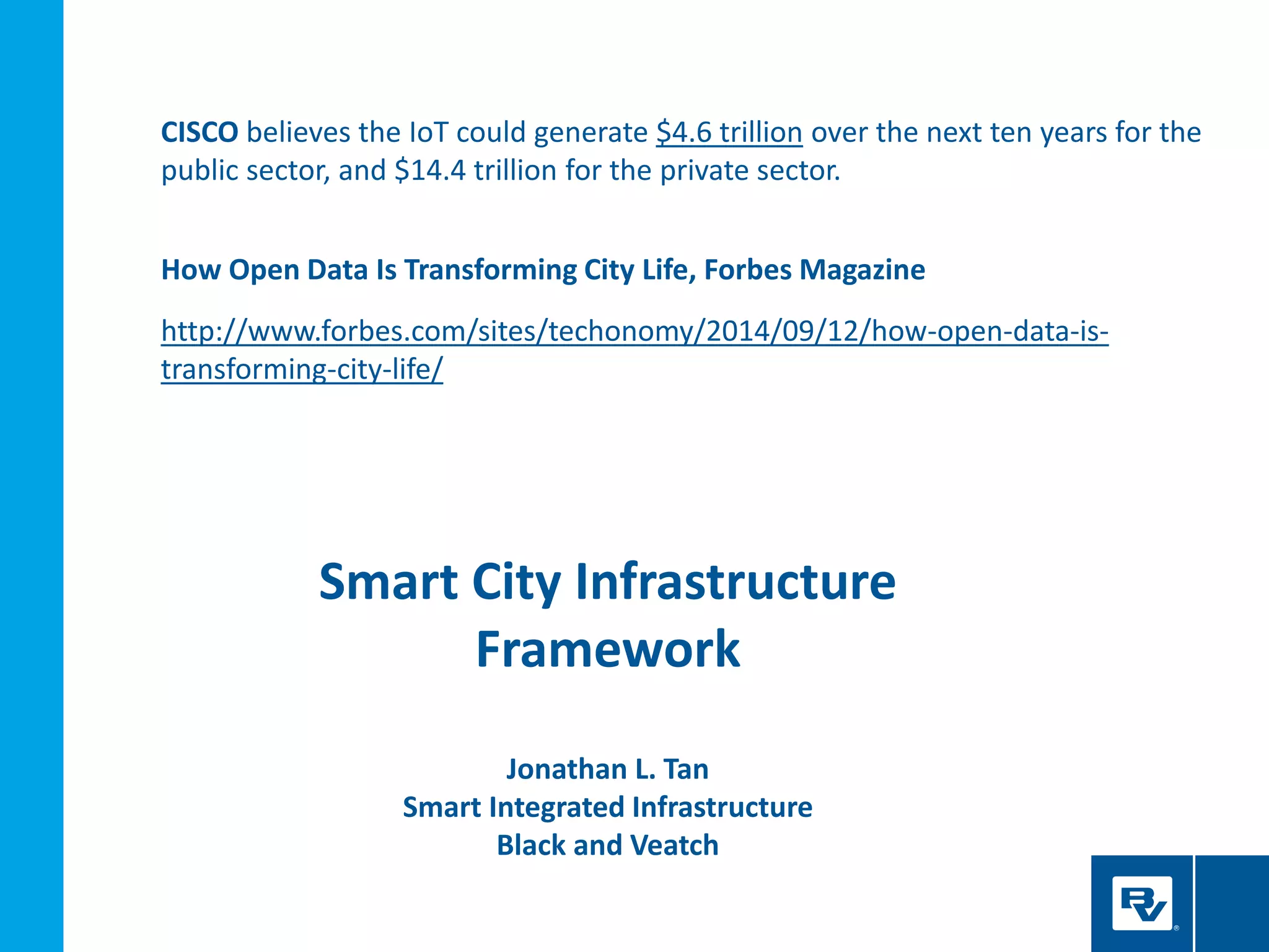 Smart City Infrastructure
Framework
Jonathan L. Tan
Smart Integrated Infrastructure
Black and Veatch
CISCO believes the IoT could generate $4.6 trillion over the next ten years for the
public sector, and $14.4 trillion for the private sector.
How Open Data Is Transforming City Life, Forbes Magazine
http://www.forbes.com/sites/techonomy/2014/09/12/how-open-data-is-
transforming-city-life/
 