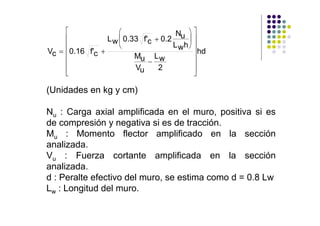 ⎡               ⎛                 Nu ⎞    ⎤
     ⎢           L w ⎜ 0.33 f'c + 0.2      ⎟   ⎥
     ⎢ 0.16 f' +     ⎝                L wh ⎠   ⎥ hd
Vc = ⎢        c                                ⎥
                          Mu L w
     ⎢                        −                ⎥
     ⎢                    Vu     2             ⎥
     ⎣                                         ⎦

(Unidades en kg y cm)

Nu : Carga axial amplificada en el muro, positiva si es
de compresión y negativa si es de tracción.
Mu : Momento flector amplificado en la sección
analizada.
Vu : Fuerza cortante amplificada en la sección
analizada.
d : Peralte efectivo del muro, se estima como d = 0.8 Lw
Lw : Longitud del muro.
 