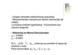 - Cargas verticales relativamente pequeñas.
- Requerimientos menores por flexión (momentos de
volteo).
-La fuerza cortante significativa: Fisuramiento por
tracción diagonal.

- Refuerzos en Muros Estructurales
ρn ≥ 0.0025
ρv ≥ 0.0025

Si Vu ≥ 0.53 f' c Acv , entonces se pondrán 2 capas de
refuerzo o más.
Para muros bajos: hw / Lw ≤ 2 ⇒ ρv ≥ ρh
 