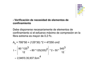 - Verificación de necesidad de elementos de
confinamiento

Debe disponerse necesariamente de elementos de
confinamiento si el esfuerzo máximo de compresión en la
fibra extrema es mayor de 0.2 f'c.

Ag = 795*50 + (125*30) *2 = 47250 cm2
   ⎧ 80 * 125 3
   ⎪                             ⎫
                                 ⎪            545 3
Ι=⎨             + 80 * 125(335)2 ⎬ * 2 + 50 *
   ⎪     12                      ⎪             12
   ⎩                             ⎭
                         4
 = 2,945'0.35,937.5cm
 