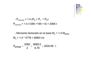 - Pu(muro) = 1.4 (PD + PL + PE)
Pu(muro) = 1.4 (1280 +195 + 0) = 2065 t


 - Momento factorado en la base Mu = 1.4 MBASE
Mu = 1.4 * 4778 = 6689 t-m

        2065 6689.2
Pumax =     +       = 2030.89 t
          2   6.70
 