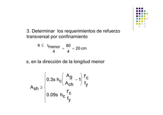 3. Determinar los requerimientos de refuerzo
transversal por confinamiento
     s ≤ tmenor      80
                   =    = 20 cm
             4        4

s, en la dirección de la longitud menor

         ⎧         ⎛ Ag     ⎞ f'c
         ⎪ 0.3s hc ⎜     − 1⎟
         ⎪         ⎝ A ch ⎠ fy
  A sh ≥ ⎨
         ⎪ 0.09s h f'c
         ⎪         c f
         ⎩             y
 