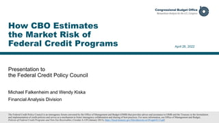 Presentation to
the Federal Credit Policy Council
April 26, 2022
Michael Falkenheim and Wendy Kiska
Financial Analysis Division
How CBO Estimates
the Market Risk of
Federal Credit Programs
The Federal Credit Policy Council is an interagency forum convened by the Office of Management and Budget (OMB) that provides advice and assistance to OMB and the Treasury in the formulation
and implementation of credit policies and serves as a mechanism to foster interagency collaboration and sharing of best practices. For more information, see Office of Management and Budget,
Policies of Federal Credit Programs and Non-Tax Receivables, Circular A-129 (January 2013), https://fiscal.treasury.gov/files/dms/circ-a129-upd-0113.pdf.
 