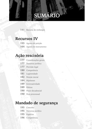 SUMÁRIO

  141	 Recurso de embargos


Recursos IV
  155	 Agravo de petição
  164	 Agravo de instrumento


Ação rescisória
  177	   Considerações gerais
  177	   Natureza jurídica
  177	   Previsão legal
  180	   Competência
  181	   Legitimidade
  182	   Petição inicial
  184	   Hipóteses
  189	   Irretroatividade
  189	   Efeitos
  190	   Prazo decadencial
  190	   Peça processual



Mandado de segurança
  195	   Conceito
  195	   Natureza jurídica
  195	   Espécies
  196	   Competência
 