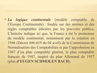  La logique continentale (modèle comptable de
l’Europe Continentale) : fondée sur des normes et des
règles comptables édictées par les pouvoirs publics.
L’histoire indique ici que, la France a été le promoteur
du modèle continental, notamment par la création en
1946 (Décret 446-619 du 04 avril) de la Commission de
Normalisation des Comptabilités et par l’approbation en
1947 d’un plan comptable général, le plan comptable
français de 1947, inspiré du plan Allemand de 1937
(plan d’EUGEN SCHMOLEN BACH).
 
