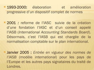  1993-2000: élaboration et amélioration
progressive d’un dispositif complet de normes
 2001 : reforme de l’IASC suivie de la création
d’une fondation l’IASC et d’un conseil appelé
l’IASB (International Accounting Standards Board).
Désormais, c’est l’IASB qui est chargée de la
normalisation comptable sur le plan international.
 Janvier 2005 : Entrée en vigueur des normes de
l’IASB (modèle international) pour les pays de
l’Europe et les autres pays signataires du traité de
Londres.
 