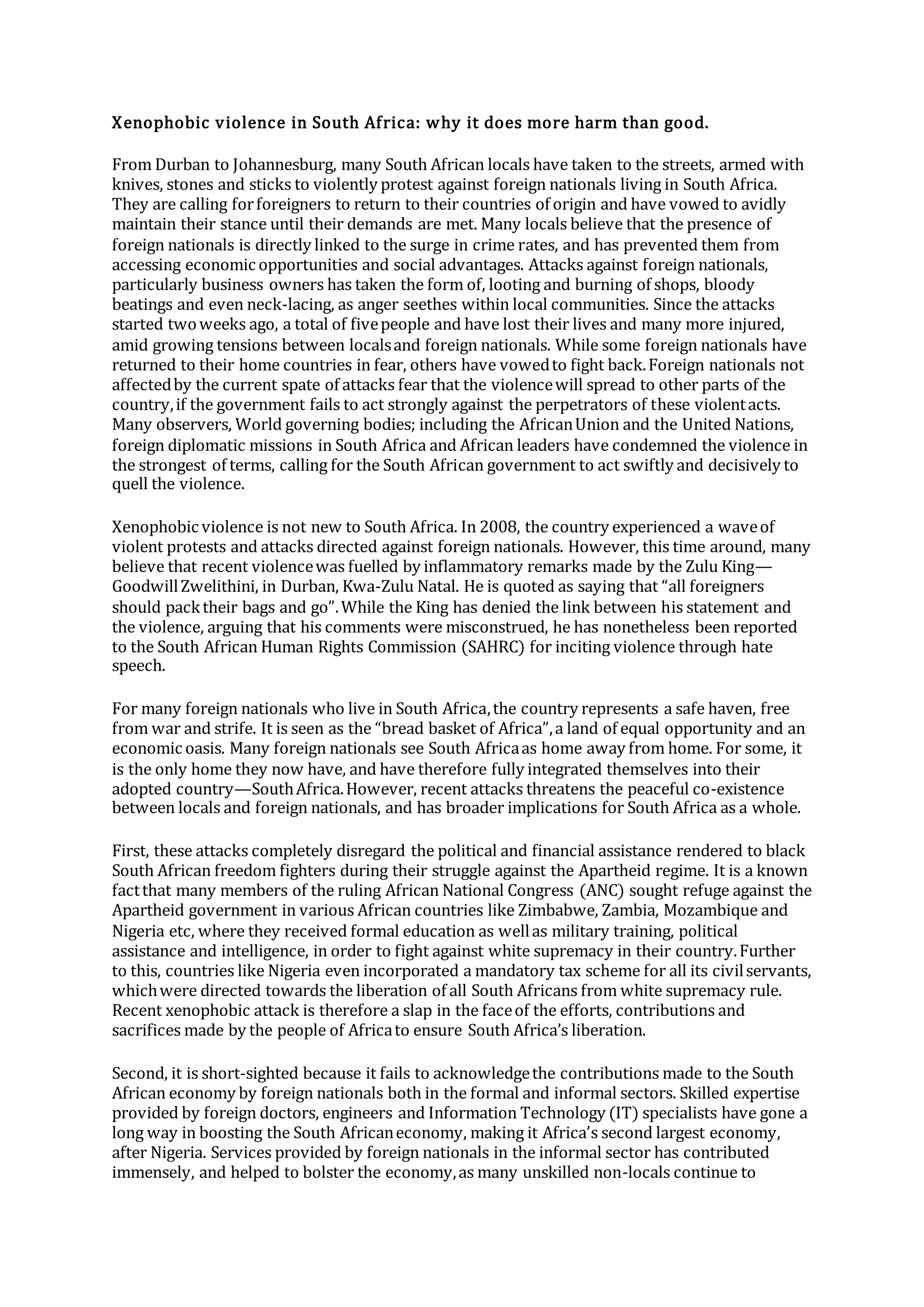 xenophobic violence in south africa | DOCX