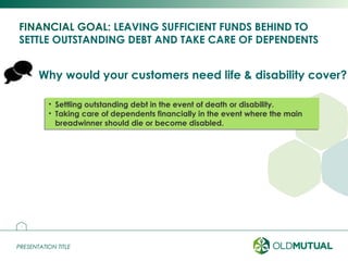 PRESENTATION TITLEPRESENTATION TITLE
FINANCIAL GOAL: LEAVING SUFFICIENT FUNDS BEHIND TO
SETTLE OUTSTANDING DEBT AND TAKE CARE OF DEPENDENTS
2
Why would your customers need life & disability cover?
• Settling outstanding debt in the event of death or disability.
• Taking care of dependents financially in the event where the main
breadwinner should die or become disabled.
• Settling outstanding debt in the event of death or disability.
• Taking care of dependents financially in the event where the main
breadwinner should die or become disabled.
 
