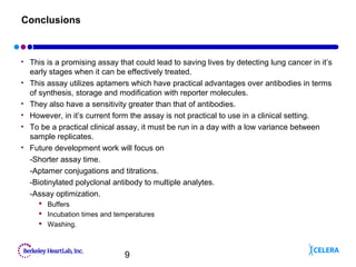9
Conclusions
• This is a promising assay that could lead to saving lives by detecting lung cancer in it’s
early stages when it can be effectively treated.
• This assay utilizes aptamers which have practical advantages over antibodies in terms
of synthesis, storage and modification with reporter molecules.
• They also have a sensitivity greater than that of antibodies.
• However, in it’s current form the assay is not practical to use in a clinical setting.
• To be a practical clinical assay, it must be run in a day with a low variance between
sample replicates.
• Future development work will focus on
-Shorter assay time.
-Aptamer conjugations and titrations.
-Biotinylated polyclonal antibody to multiple analytes.
-Assay optimization.
 Buffers
 Incubation times and temperatures
 Washing.
 