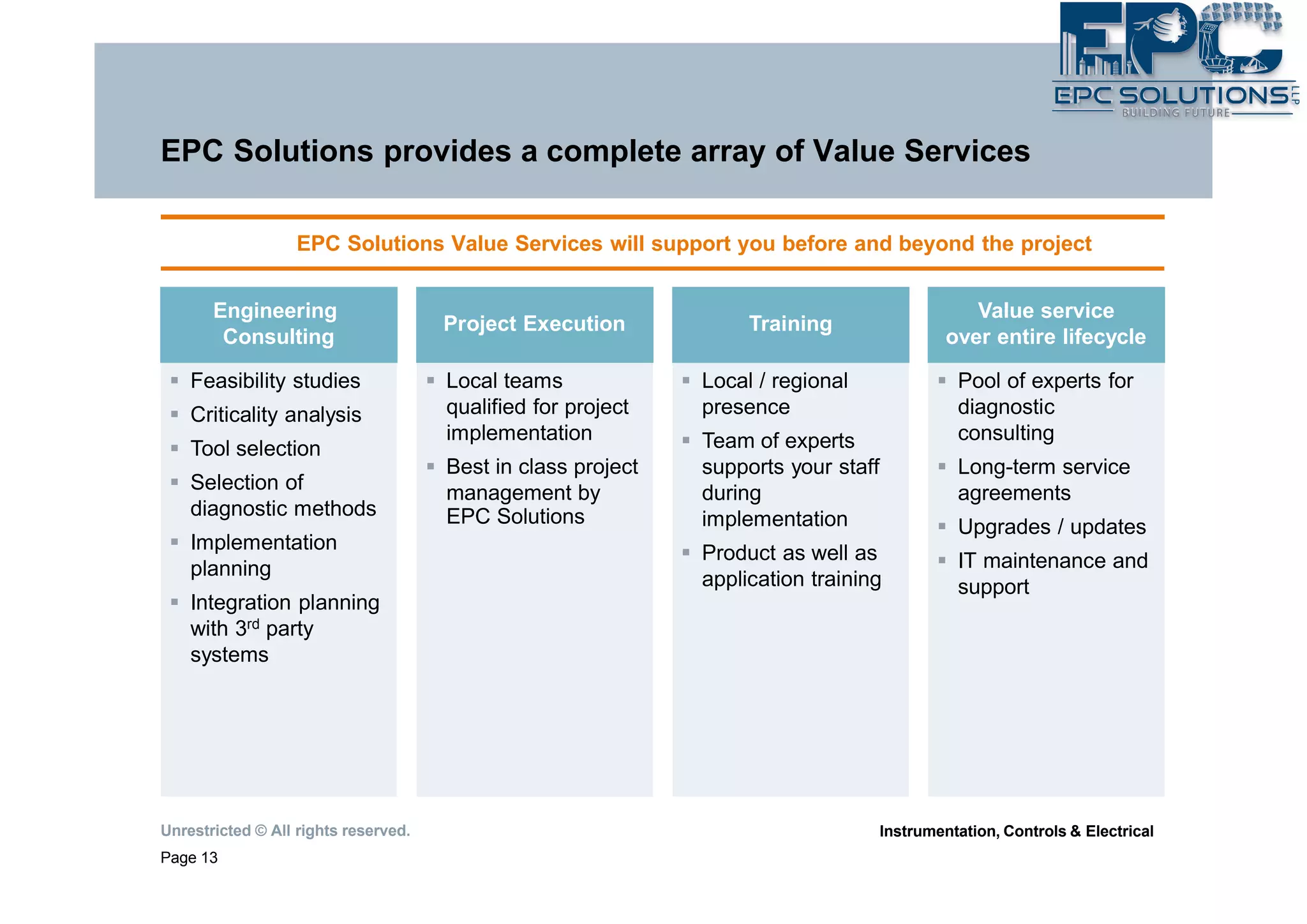 Unrestricted © All rights reserved.
Page 13
Instrumentation, Controls & Electrical
EPC Solutions provides a complete array of Value Services
EPC Solutions Value Services will support you before and beyond the project
§ Local teams
qualified for project
implementation
§ Best in class project
management by
EPC Solutions
§ Feasibility studies
§ Criticality analysis
§ Tool selection
§ Selection of
diagnostic methods
§ Implementation
planning
§ Integration planning
with 3rd party
systems
Project Execution
Engineering
Consulting
§ Pool of experts for
diagnostic
consulting
§ Long-term service
agreements
§ Upgrades / updates
§ IT maintenance and
support
§ Local / regional
presence
§ Team of experts
supports your staff
during
implementation
§ Product as well as
application training
Value service
over entire lifecycle
Training
 
