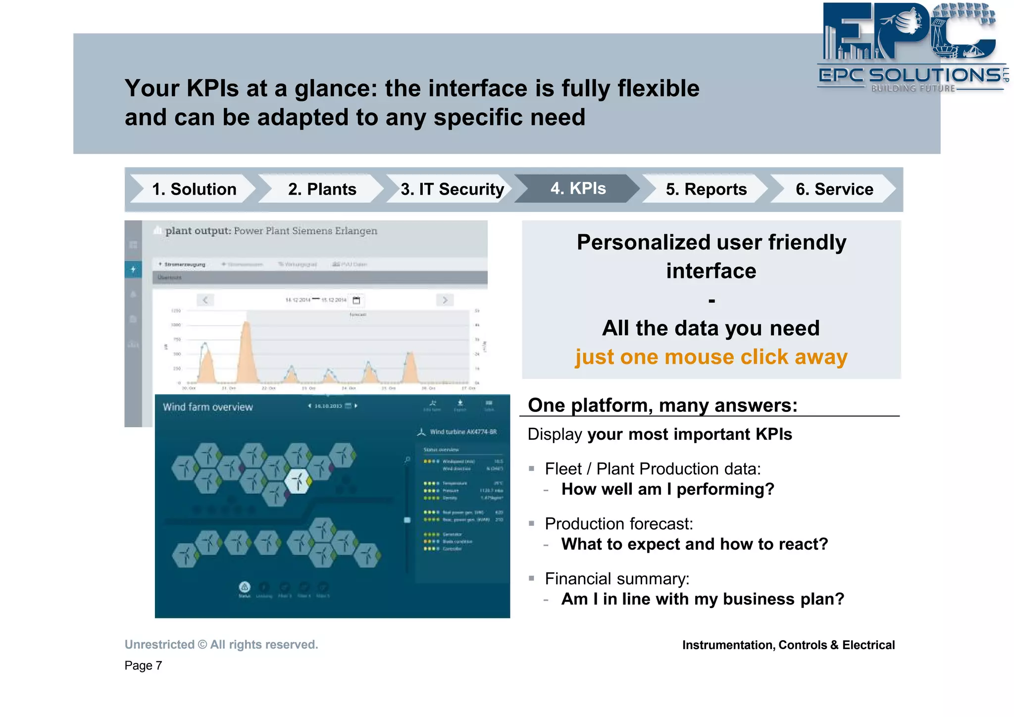 Unrestricted © All rights reserved.
Page 7
Instrumentation, Controls & Electrical
Your KPIs at a glance: the interface is fully flexible
and can be adapted to any specific need
Display your most important KPIs
§ Fleet / Plant Production data:
- How well am I performing?
§ Production forecast:
- What to expect and how to react?
§ Financial summary:
- Am I in line with my business plan?
One platform, many answers:
Personalized user friendly
interface
-
All the data you need
just one mouse click away
1. Solution 2. Plants 4. KPIs 5. Reports 6. Service3. IT Security
 