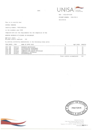 Unisa Transcript Hd UNISA QUALIFICATIONS TRANSCRIPTS | PDF