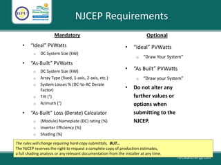 NJCEP Requirements
Mandatory
• “Ideal” PVWatts
o DC System Size (kW)
• “As-Built” PVWatts
o DC System Size (kW)
o Array Type (fixed, 1-axis, 2-axis, etc.)
o System Losses % (DC-to-AC Derate
Factor)
o Tilt (°)
o Azimuth (°)
• “As-Built” Loss (Derate) Calculator
o (Module) Nameplate (DC) rating (%)
o Inverter Efficiency (%)
o Shading (%)
Optional
• “Ideal” PVWatts
o “Draw Your System”
• “As Built” PVWatts
o “Draw your System”
• Do not alter any
further values or
options when
submitting to the
NJCEP.
The rules will change requiring hard-copy submittals, BUT...
The NJCEP reserves the right to request a complete copy of production estimates,
a full shading analysis or any relevant documentation from the installer at any time.
 