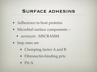 Surface adhesins
• Adherence to host proteins
• Microbial surface components –
• acronym : MSCRAMM
• Imp ones are
• Clumping factor A and B
• Fibronectin-binding prts
• Prt A
 