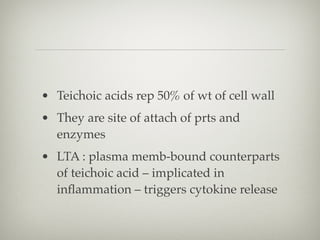 • Teichoic acids rep 50% of wt of cell wall
• They are site of attach of prts and
enzymes
• LTA : plasma memb-bound counterparts
of teichoic acid – implicated in
inﬂammation – triggers cytokine release
 