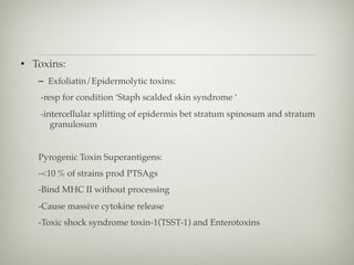 • Toxins:
– Exfoliatin/Epidermolytic toxins:
-resp for condition ‘Staph scalded skin syndrome ‘
-intercellular splitting of epidermis bet stratum spinosum and stratum
granulosum
Pyrogenic Toxin Superantigens:
-<10 % of strains prod PTSAgs
-Bind MHC II without processing
-Cause massive cytokine release
-Toxic shock syndrome toxin-1(TSST-1) and Enterotoxins
 