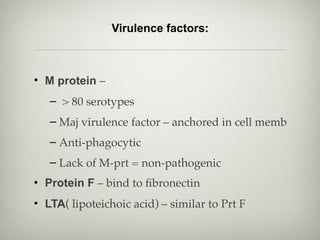  
Virulence factors: 
• M protein –
– > 80 serotypes
– Maj virulence factor – anchored in cell memb
– Anti-phagocytic
– Lack of M-prt = non-pathogenic
• Protein F – bind to ﬁbronectin
• LTA( lipoteichoic acid) – similar to Prt F
 