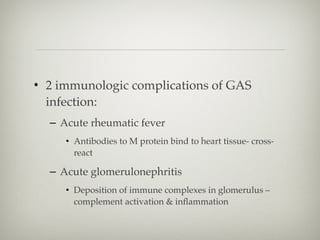 • 2 immunologic complications of GAS
infection:
– Acute rheumatic fever
• Antibodies to M protein bind to heart tissue- cross-
react
– Acute glomerulonephritis
• Deposition of immune complexes in glomerulus –
complement activation & inﬂammation
 