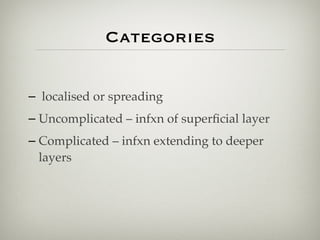 Categories
– localised or spreading
– Uncomplicated – infxn of superﬁcial layer
– Complicated – infxn extending to deeper
layers
 