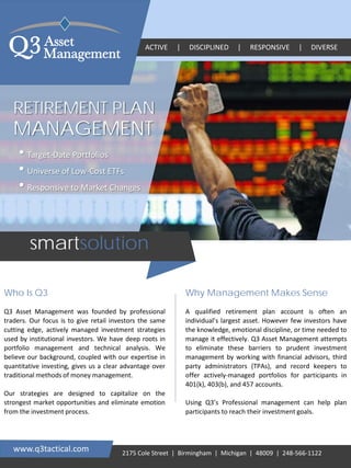 Q3 Asset Management was founded by professional
traders. Our focus is to give retail investors the same
cutting edge, actively managed investment strategies
used by institutional investors. We have deep roots in
portfolio management and technical analysis. We
believe our background, coupled with our expertise in
quantitative investing, gives us a clear advantage over
traditional methods of money management.
Our strategies are designed to capitalize on the
strongest market opportunities and eliminate emotion
from the investment process.
Who Is Q3
www.q3tactical.com
ACTIVE | DISCIPLINED | RESPONSIVE | DIVERSE
2175 Cole Street | Birmingham | Michigan | 48009 | 248-566-1122
A qualified retirement plan account is often an
individual’s largest asset. However few investors have
the knowledge, emotional discipline, or time needed to
manage it effectively. Q3 Asset Management attempts
to eliminate these barriers to prudent investment
management by working with financial advisors, third
party administrators (TPAs), and record keepers to
offer actively-managed portfolios for participants in
401(k), 403(b), and 457 accounts.
Using Q3’s Professional management can help plan
participants to reach their investment goals.
MANAGEMENT
RETIREMENT PLAN
• Target-Date Portfolios
• Universe of Low-Cost ETFs
• Responsive to Market Changes
Why Management Makes Sense
smartsolution
Q3Asset
Management
 
