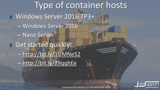 Type of container hosts
Windows Server 2016 TP3+
– Windows Server 2016
– Nano Server
Get started quickly:
– http://bit.ly/1UMNe52
– http://bit.ly/29qqhEe
Containerized delivery on the Microsoft stack
 