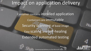 Impact on application delivery
Container contains installed application
Containers are immutable
Security scanning of base image
Easy scaling and self-healing
Extended automated testing
Containerized delivery on the Microsoft stack
 