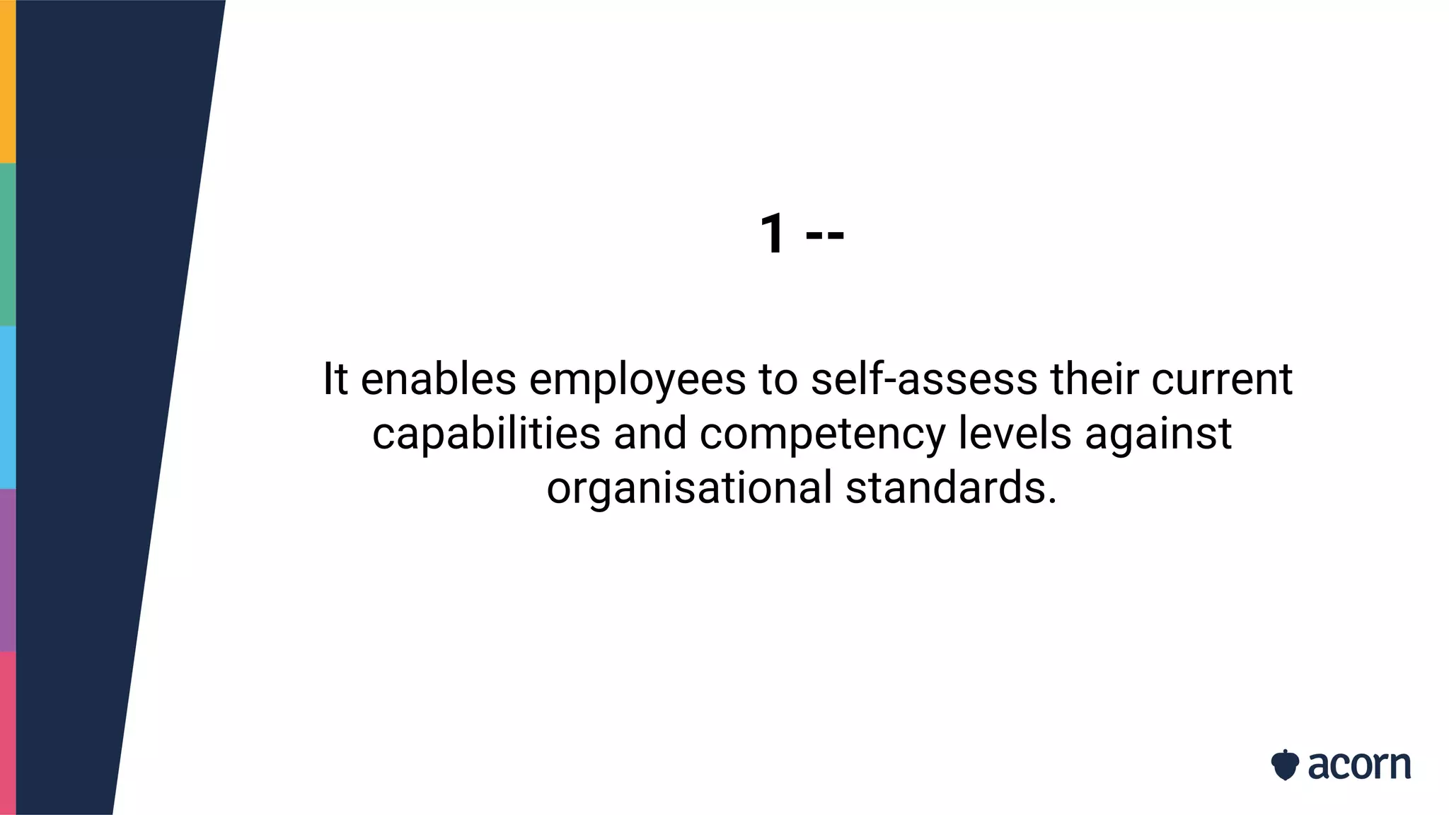 1 --
It enables employees to self-assess their current
capabilities and competency levels against
organisational standards.
 