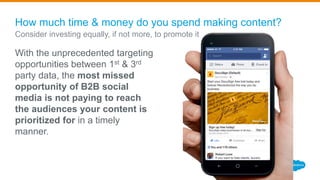 How much time & money do you spend making content?
With the unprecedented targeting
opportunities between 1st & 3rd
party data, the most missed
opportunity of B2B social
media is not paying to reach
the audiences your content is
prioritized for in a timely
manner.
Consider investing equally, if not more, to promote it
 