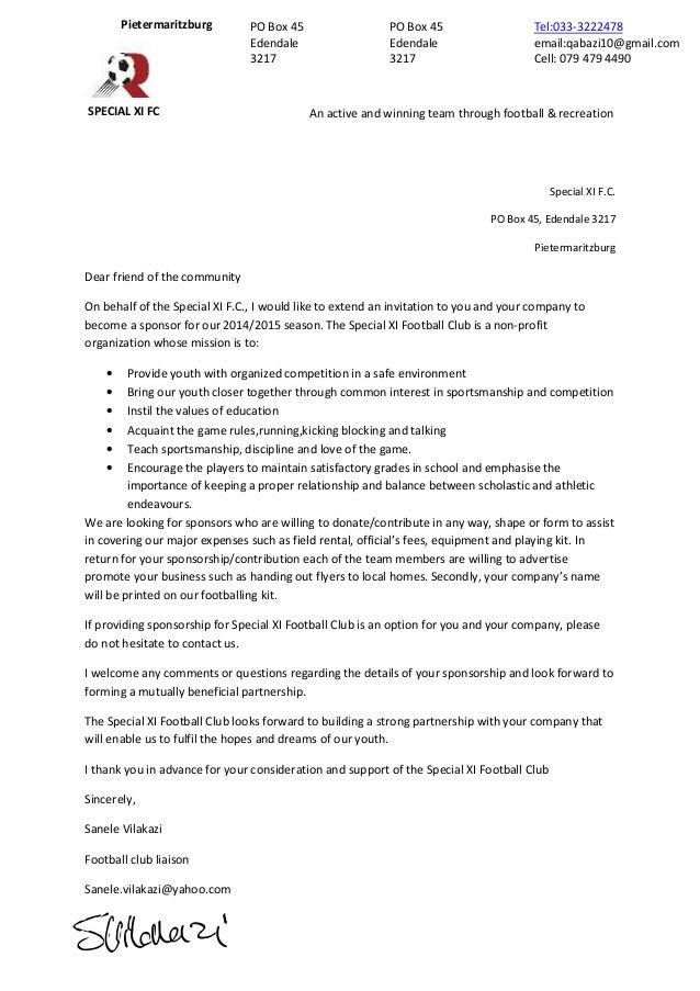 Sponsorship plea letter