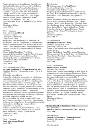 Aguiar, Arianne Senna, Bruna Eduarda, Camila franco,
Carolina Franklin, Carolina Moreno, Christofer Barea,
Clara Cavalcante, Emily Wanzeller, Filipi trajano do
Nascimento, Gabriela Vieira, Guilherme Dourado,
Guilherme Mayer, Gustavo Rolim, Heloisa Palma,
Henrique Raynal, Isabela Landim, Jackson Bauer,
Leonardo Muniz, Lucas Lima, Luisa Ulhoa, Magno
Almeida, Maria Ramalho, Nina Roberto, Roberta
Barcellos, Sara Spinassé e Tainá Cary.
Operação de som: Sergio Luz; Operação de luz: Marina
Olivier.
Classiﬁcação: 12 anos
Local: BSS-51
19h40 - Espetáculo
Como uma banana [20 min]
Disciplina: Direção I
Orientação: Luana Proença
Direção: Júlia Correa
Sinopse: Fala sobre a experiência de um homem (Dr.
Rosembaum), onde três chimpanzés irão datilografar ao
inﬁnito e mais cedo ou mais tarde acabaram por produzir
Hamlet. Dentre isso o que ﬁca é o dialogo desses macacos
enquanto escrevem, brincando com a ironia de dramas
cotidianos.
Elenco: Natália Maia e Paulo César Filho
Orientação da Iluminação e Cenograﬁa: Marcelo Augusto
Santana e Guto Viscardi; Equipe de Iluminação e
Cenograﬁa da turma de encenação III: Lilla AdhLyss,
Victor Odecam e Nickokas Randall.
Classiﬁcação: Livre
Local: BT-16
20h - Demonstração de trabalho
Na Arena: Um Ensaio de Touros e Homens [60 min]
Disciplina: Técnicas Experimentais em Artes Cênicas II
(MOVER)
Orientação: Márcia Duarte
Sinopse: Se trata de uma demonstração de trabalho, num
regime de ensaio aberto, sobre toureiros, capas, touros,
atores, homens, mulheres, uma diretora e uma treinadora.
Os atores constroem em cena por meio de jogos e de
depoimentos sobre os mesmos, as relações que existem
entre eles, entre eles e as ﬁguras, entre eles e a tourada e
sobre tudo o que se refere a esse universo da arena, da vida
íntima amorosa e da sala de ensaio. O ambiente de
trabalho que se transforma em arena quando as ﬁguras são
incorporadas e as regras do jogo são lançadas. Abriremos
ao público um ensaio conduzido por uma
diretora/treinadora, que guia as peças do tabuleiro, os
atores/jogadores, desse jogo composto por várias etapas e
conﬂitos e que viaja do lirismo da imaginação sensorial até
o racionalismo das ideias que buscam deﬁnir os
sentimentos e os encontros.
Elenco: Clarice Johansson, Fabiana Marroni, Luciana
Matias, Lupe Leal, Marcia Regina, Paco Leal, Pamela
Alves, Paulo Victor Gandra e Victor Carballar.
Classiﬁcação: Livre
Local: B1-51
20h30 - Espetáculo
Como uma banana [20 min]
Local: BT-16

21h - Exercício
Me Contaram uma Certa Vez [90 min]
Disciplina: Interpretação Teatral III
Orientação: Giselle Rodrigues de Brito
Sinopse: Experimentação com teatro físico baseado em
três lendas da cultura popular brasileira: O Dia em que a
Mata Cantou Laia; Cobra Norato; e o Negrinho do
Pastoreio.
Elenco: Ana Piratelli, Breno Uriel, Bruno Bloch, Cíntia
Portella, Clara Maria Matos, Emanuel Lavor, Fernanda
Suyanne, Gabriel Estrëla, Herlon Leão, Júlia Dusi, Karina
Carvalho, Larissa Souza, Lidiane Léllis, Lucas Isacksson,
Lucas Santos, Mateus Figuero, Melina Dutra, Natália
Solinz, Priscilla Poyares, Renata Bittencourt, Ricardo
Holanda, Taynara Araújo, Victor Odecam e Xandre
Martinelli.
Classiﬁcação: 14 anos
Local: BSS-59
22h - Performance
Decomposto: O Narciso [25min]
Disciplina: Interpretação Teatral IV
Orientação: Cecília Borges
Sinopse: Cada vez mais eu me olho no espelho. Não
consigo me ver.
Elenco: Ramón Lima, Tiago Mélo, Ananda Maranhão,
Marina Abramović Olivier, Sarah Kacowicz, Natália Maia,
Arhtur Romão, Anna Salles e Thaisa Taguatinga.
Monitoria: Suelem Araújo
Classiﬁcação: 18 anos
Local: BSS-51
22h30 - Ensaio Aberto
Projeto Carícias [120 min]
Direção: Rafael Salmona
Sinopse: O ser humano contemporâneo se perde diante do
embate dos relacionamentos de sua frieza egoísta. Diante
de onze esquetes vemos as relações entrelaçadas de seres
que parecem não se ouvir, mas apenas falar. A
problemática de lidar com situações simples que podem
virar os olhos diante da forma como são realmente lidadas.
O enredo do espetáculo Carícias do autor catalão Sergi
Belbel, citado como o Nelson Rodrigues da Espanha, é a
base para a montagem brasiliense livremente inspirada no
original. Em cena vemos os atores montando o espetáculo
e lidando com as mesmas relações de seus personagens.
Elenco: Andressa Lee, Gregorio Benevides, Jordana
Mascarenhas, Paula Furtado, Pedro Mazzepas e Thiago
Ramos.
Classiﬁcação: 18 anos
Local: B1-59
Quarta-feira, 18 de dezembro de 2013
16h - Espetáculo
Abrumunzumba! Você nunca ouviu falar? [50 min]
Local: BSS-51
18h - Exercício
Admiráveis Movimentos En-gramas [60 min]
Disciplina: Movimento e Linguagem II
Local: B1-59
19h - Espetáculo

 
