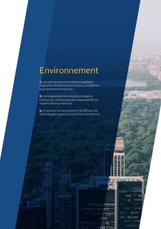 Environnement
7. Les entreprises sont invitées à appliquer
l’approche des précautions face aux problèmes
touchant l’environnement.
8. A entreprendre des initiatives tendant à
promouvoir une plus grande responsabilité en
matière d’environnement.
9. A favoriser la mise au point et la diffusion de
technologies respectueuse de l’environnement.
 
