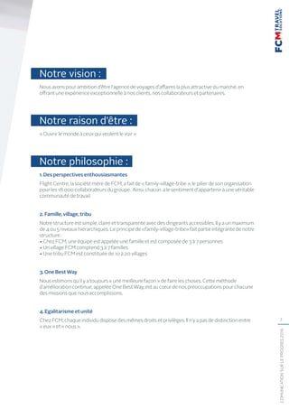 7
COMUNICATIONSURLEPROGRÈS2016
Notre vision :
Nous avons pour ambition d’être l’agence de voyages d’affaires la plus attractive du marché, en
offrant une expérience exceptionnelle à nos clients, nos collaborateurs et partenaires.
Notre raison d’être :
« Ouvrir le monde à ceux qui veulent le voir »
Notre philosophie :
1.Desperspectivesenthousiasmantes
Flight Centre, la société mère de FCM, a fait de « family-village-tribe », le pilier de son organisation
pour les 18 000 collaborateurs du groupe. Ainsi, chacun a le sentiment d’appartenir à une véritable
communauté de travail.
2.Famille,village,tribu
Notre structure est simple, claire et transparente avec des dirigeants accessibles. Il y a un maximum
de 4 ou 5 niveaux hiérarchiques. Le principe de «family-village-tribe» fait partie intégrante de notre
structure :
• Chez FCM, une équipe est appelée une famille et est composée de 3 à 7 personnes
• Un village FCM comprend 3 à 7 familles
• Une tribu FCM est constituée de 10 à 20 villages
3.OneBestWay
Nous estimons qu’il y a toujours « une meilleure façon » de faire les choses. Cette méthode
d’amélioration continue, appelée One Best Way, est au cœur de nos préoccupations pour chacune
des missions que nous accomplissons.
4.Egalitarismeetunité
Chez FCM, chaque individu dispose des mêmes droits et privilèges. Il n’y a pas de distinction entre
« eux » et « nous ».
 