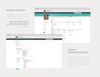 T R A I N I N G T R A C K I N G
Monitor employee training to ensure they are compliant
and have the training and development necessary to
increase productivity and engagement.
“Implementing...[BambooHR] enabled North
Eastern Services to increase compliance with
mandatory trainings from 51 percent to 99 percent.”
—Training Magazine
http://www.trainingmag.com/tracking-training
C U S T O M
P E R M I S S I O N G R O U P S
Ensure the protection of sensitive data by using custom
permissions to select the information each employee
can access. For instance, you can give managers the
ability to see pay information and create reports, while
restricting the rest of your employees to only their
personal information.
 