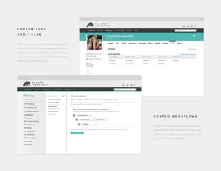 C U S T O M T A B S
A N D F I E L D S
Track the unique needs of your company by creating
custom tabs and fields. Customizing your system allows
you to be inventive and deliberate in the information
you track so you can enhance culture, make informed
decisions and guide the company.
C U S T O M W O R K F L O W S
Protect the integrity of your data by creating custom
workflows that require approvals for changes and
create efficiency in decision-making processes so the
company can move forward faster.
 