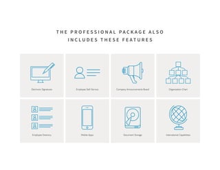 T H E P R O F E S S I O N A L P A C K A G E A L S O
I N C L U D E S T H E S E F E A T U R E S
Electronic Signatures
Employee Directory
Employee Self-Service
Mobile Apps
Company Announcements Board
Document Storage
Organization Chart
International Capabilities
 
