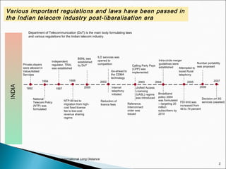 2
Go-ahead to
the CDMA
technology
INDIA
Private players
were allowed in
Value Added
Services
National
Telecom Policy
(NTP) was
formulated
1992
1994
1997
Independent
regulator, TRAI,
was established
NTP-99 led to
migration from high-
cost fixed license
fee to low-cost
revenue sharing
regime
1999
2000
2002
BSNL was
established
by DoT
ILD services was
opened to
competition
Internet
telephony
initiated
Reduction of
licence fees
2003
Calling Party Pays
(CPP) was
implemented
Unified Access
Licensing
(UASL) regime
was introduced
Reference
Interconnect
order was
issued
2004
Intra-circle merger
guidelines were
established
Broadband
policy 2004
was formulated
—targeting 20
million
subscribers by
2010
2005
FDI limit was
increased from
49 to 74 percent
Attempted to
boost Rural
telephony
2006
Number portability
was proposed
Decision on 3G
services (awaited)
2007
Department of Telecommunication (DoT) is the main body formulating laws
and various regulations for the Indian telecom industry.
Various important regulations and laws have been passed in
the Indian telecom industry post-liberalisation era
ILD – International Long Distance
 