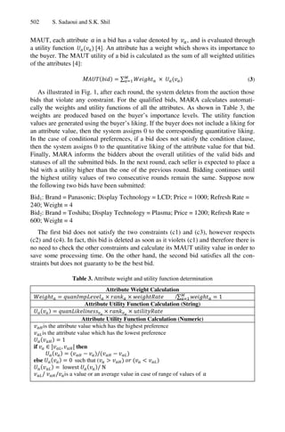 502 S. Sadaoui and S.K. Shil
MAUT, each attribute in a bid has a value denoted by , and is evaluated through
a utility function 4 . An attribute has a weight which shows its importance to
the buyer. The MAUT utility of a bid is calculated as the sum of all weighted utilities
of the attributes [4]:
M ∑ (3)
As illustrated in Fig. 1, after each round, the system deletes from the auction those
bids that violate any constraint. For the qualified bids, MARA calculates automati-
cally the weights and utility functions of all the attributes. As shown in Table 3, the
weights are produced based on the buyer’s importance levels. The utility function
values are generated using the buyer’s liking. If the buyer does not include a liking for
an attribute value, then the system assigns 0 to the corresponding quantitative liking.
In the case of conditional preferences, if a bid does not satisfy the condition clause,
then the system assigns 0 to the quantitative liking of the attribute value for that bid.
Finally, MARA informs the bidders about the overall utilities of the valid bids and
statuses of all the submitted bids. In the next round, each seller is expected to place a
bid with a utility higher than the one of the previous round. Bidding continues until
the highest utility values of two consecutive rounds remain the same. Suppose now
the following two bids have been submitted:
Bid1: Brand = Panasonic; Display Technology = LCD; Price = 1000; Refresh Rate =
240; Weight = 4
Bid2: Brand = Toshiba; Display Technology = Plasma; Price = 1200; Refresh Rate =
600; Weight = 4
The first bid does not satisfy the two constraints (c1) and (c3), however respects
(c2) and (c4). In fact, this bid is deleted as soon as it violets (c1) and therefore there is
no need to check the other constraints and calculate its MAUT utility value in order to
save some processing time. On the other hand, the second bid satisfies all the con-
straints but does not guaranty to be the best bid.
Table 3. Attribute weight and utility function determination
Attribute Weight Calculation
/∑ 1
Attribute Utility Function Calculation (String)
Attribute Utility Function Calculation (Numeric)
is the attribute value which has the highest preference
is the attribute value which has the lowest preference
1
if , then
/
else 0 such that (
lowest / N
/ / is a value or an average value in case of range of values of
 