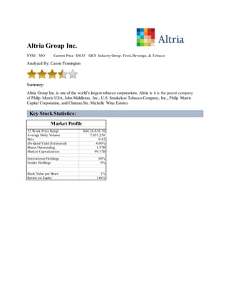 Altria Group Inc.
NYSE- MO Current Price: $50.83 GICS Industry Group: Food, Beverage, & Tobacco
Analyzed By: Cassie Pennington
Summary:
Altria Group Inc. is one of the world’s largest tobacco corporations. Altria is it is the parent company
of Philip Morris USA, John Middleton, Inc., U.S. Smokeless Tobacco Company, Inc., Philip Morris
Capital Corporation, and Chateau Ste. Michelle Wine Estates
Key Stock Statistics:
52 Week Price Range $40.26-$56.70
Average Daily Volume 7,033,250
Beta 0.82
Dividend Yield (Estimated) 4.00%
Shares Outstanding 1.97B
Market Capitalization 99.57B
Institutional Holdings 60%
Insider Holdings 0%
Book Value per Share 1%
Return on Equity 146%
Market Profile
 