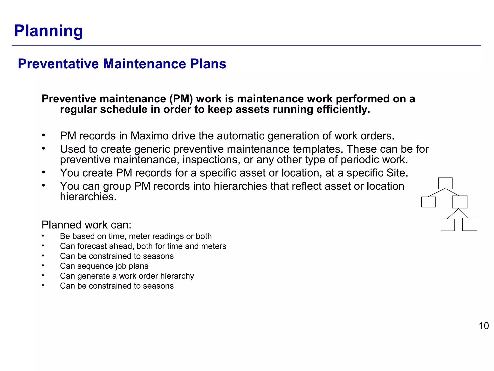 10
Preventative Maintenance Plans
Preventive maintenance (PM) work is maintenance work performed on a
regular schedule in order to keep assets running efficiently.
• PM records in Maximo drive the automatic generation of work orders.
• Used to create generic preventive maintenance templates. These can be for
preventive maintenance, inspections, or any other type of periodic work.
• You create PM records for a specific asset or location, at a specific Site.
• You can group PM records into hierarchies that reflect asset or location
hierarchies.
Planned work can:
• Be based on time, meter readings or both
• Can forecast ahead, both for time and meters
• Can be constrained to seasons
• Can sequence job plans
• Can generate a work order hierarchy
• Can be constrained to seasons
Planning
 