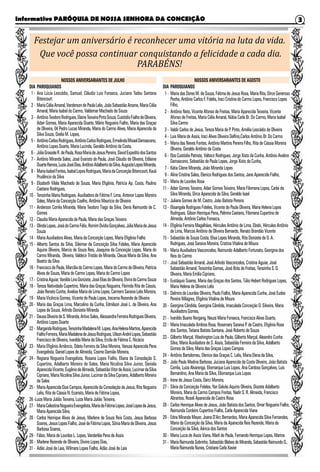 Informativo PARÓQUIA DE NOSSA SENHORA DA CONCEIÇÃO 3
Festejar um aniversário é reconhecer uma vitória na luta da vida.
Que você possa continuar conquistando a felicidade a cada dia.
PARABÉNS!
NOSSOS ANIVERSARIANTES DE JULHO
DIA	PAROQUIANOS
	1 -	Ana Lúcia Leocádio, Samuel, Cláudio Luis Fonseca, Juciano Tadeu Santana
Bitencourt
	2 -	 MariaCéliaAmaral,VandersondePaulaLelis,JoãoSebastiãoArsene,MariaCélia
Amaral, Maria Isabel do Carmo, Valdemar Machado de Souza
	3 -	 AntônioTeodoroRodrigues,ElaineTeixeiraPintoSouza,CustódioFialhodeOliveira,
Adair Gomes, Maria Aparecida Duarte, Mário Nogueira Fialho, Maria das Graças
de Oliveira, 04 Pedro Lucas Miranda, Maria do Carmo Alves, Maria Aparecida da
Silva Souza, Ozelia M. Lopes,
	5 -	 AntônioCarlosRodrigues,AntônioCarlosRodrigues,ErmelindaMisaelDamasceno,
Antônio Lopes Duarte, Maria Lucinda, Geraldo Antônio da Costa,
	6 -	 JúliaGrasieleR.dePaula,RosaMariadeJesusPereira,DavidExpeditodosSantos
	7 -	Antônio Miranda Sales, José Evaristo de Paula, José Cláudio de Oliveira, Edilaine
DuarteRamos,LuziaJoséDias,AntônioAdalbertodaSilva,AugustaLopesMiranda,
	8 -	 MariaIsabelFontes,IsabelLopesRodrigues,MariadaConceiçãoBitencourt,Kauã
Prudêncio da Silva
	9 -	Elizabeth Vilela Machado de Souza, Maria Efigênia, Patrícia Ap. Costa, Paulino
Caetano Rodrigues,
10 -	 Terezinha Maria Rodrigues, Auxiliadora de Fátima F. Lima, Antenor Lopes Moreira
Sales, Maria da Conceição Coelho, Antônio Maurício de Oliveira
11 -	Anderson Corrêa Miranda, Maria Teodoro Tiago da Silva, Denis Raimundo de C.
Gomes
12 -	 Claudia Maria Aparecida de Paula, Maria das Graças Teixeira
13 -	 OlindaLopes,JosédoCarmoFélix,RomímOvídioGonçalves,JúliaMariadeJesus
Souza
14 -	 Maria Auxiliadora Alves, Maria da Conceição Lopes, Maria Efigênia Fialho
15 -	Alberto Santos da Silva, Sileimar da Conceição Silva Fideles, Maria Aparecida
Aquino Oliveira, Marcio de Souza Reis, Joaquina da Conceição Lopes, Maria do
Carmo Miranda, Oliveira, Valdecir Tristão de Miranda, Cleuza Maria da Silva, Ana
Beatriz da Silva
16 -	 FranciscodePaula,MarcíliadoCarmoLopes,MariadoCarmodeOliveira,Patrícia
Alves de Souza, Maria do Carmo Lopes, Maria do Carmo Lopes
17 -	 CristinaAguiar,VanildoLinoDonizete,JoséEliasdeOliveira,ElviradoCarmoSouza
18 -	 Tereza Natividade Cupertino, Maria das Graças Nogueira, Florinda Rita de Cássia,
João Renato Cunha, Anelise Maria de Lima Lopes, Carmem Saraiva Lelis Moreira,
19 -	 Maria Vicência Gomes, Vicente de Paula Lopes, Iracema Rezende de Oliveira
20 -	Maria das Graças Lima, Marcelino da Cunha, Edmilson José L. de Oliveira, Ana
Lopes de Souza, Arlindo Donizete Miranda
21 -	 DeusaOliveiradeS.Miranda,ArtivoSales,AlessandraFerreiraRodriguesOliveira,
Antônio Lopes Duarte
22 -	 MargaridaRodrigues,TerezinhaMadalenaM.Lopes,AnaHelenaMartins,Aparecida
FialhoFerreira,MariaMadalenadeJesusRodrigues,UilsonAndréLopes,Sebastião
Francisco de Oliveira, Ivanilda Maria da Silva, Ercila de Fátima C. Nicácio
23 -	Maria Efigênio Amâncio, Odete Ferreira da Silva Moreira, Vanuza Aparecida Pena
Evangelista, Daniel Lopes de Almeida, Cosme Damião Moreira,
24 -	Regiana Nogueira Evangelista, Rosana Lopes Fialho, Eliana da Consolação S.
Cupertino, Adalberto Moreira de Sales, Maria Nicolina Silva Junior, Daniela
AparecidaVicente,EugêniodeAlmeida,SebastiãoVitordeAssis,LucimardaSilva
Cipriano,MariaNicolinaSilvaJunior,LucimardaSilvaCipriano,AdalbertoMoreira
de Sales
25 -	 Maria Aparecida Dias Campos, Aparecida da Consolação de Jesus, Rita Nogueira
Lelis, Rita de Cássia N. Ecaristo, Maria de Fátima Lopes,
26 -Luiza Maria Julião Teixeira, Luiza Maria Julião Teixeira,
27 -	 MariaCelestinaNogueiraEvangelista,MariadeFátimaLopes,JoséLopesdeJesus,
Maria Aparecida Silva,
28 -	Carlos Henrique Alves de Jesus, Marlene de Souza Reis Costa, Jesus Barbosa
Soares,JesusLopesFialho,JosédeFátimaLopes,SôniaMariadeOliveira,Jesus
Barbosa Soares,
29 -	 Fábio, Maria de Lourdes L. Lopes, Vanderléa Pena de Assis
30 -	 Marlene Rezende de Oliveira, Divino Lopes Dias,
31 -	 Adão José de Laia, Wilmara Lopes Fialho, Adão José de Laia
NOSSOS ANIVERSARIANTES DE AGOSTO
DIA	PAROQUIANOS
1 -	 Maria das Dores M. de Souza, Fátima de Jesus Rosa, Maria Rita, Dirce Generoso
Penha, Antônio Carlos F. Fidelis, Iraci Cristina do Carmo Lopes, Francisco Lopes
Filho,
2 -	 Antônio Neto, Vicente Afonso de Freitas, Maria Aparecida Teixeira, Vicente
Afonso de Freitas, Maria Célia Amaral, Núbia Carla Br. Do Carmo, Maria Isabel
Silva Carmo
3 -	 Valdir Carlos de Jesus, Tereza Maria de P. Pinto, Amélia Leocádio de Oliveira
4 -	 Luis Maria de Assis, Iraci Alves Oliveira Delfino,Carlos Antônio Br. Do Carmo
5 -	 Maria das Neves Fontes, Antônio Martins Pereira Filho, Rita de Cássia Moreira
Oliveira, Geraldo Antônio da Costa
6 -	 Elza Custódia Patriste, Valtecir Rodrigues, Jorge Xisto da Cunha, Antônio Avelino
Damasceno, Sebastião de Paula Lopes, Jorge Xisto da Cunha,
7 -	 Kátia Cilene Miranda, João Miranda Lopes
9 -	 Aline Cristina Sales, Elenice Rodrigues dos Santos, Jane Aparecida Fialho,
10 -	 Maria de Lourdes Rosa
11 -	 Adair Gomes Teixeira, Adair Gomes Teixeira, Maria Filomena Lopes, Carlai da
Silva Miranda, Dirce Aparecida da Silva, Geraldo Isael
12 -	 Juliana Gomes de M. Castro, João Batista Pereira
13 -	 Elisangela Rodrigues Fideles, Vicente de Paula Oliveira, Maria Helena Lopes
Rodrigues, Gilson Henrique Pena, Palmira Caetano, Filomena Cupertino de
Almeida, Antônio Carlos Fonseca,
14 -	 Efigênia Ferreira Magalhães, Hércules Antônio de Lima, Elzebi, Hércules Antônio
de Lima, Marcos Antônio de Oliveira Bernardo, Renato Brandão Vicente
15 -	 Sebastião de Souza Costa, Elisa Lopes Miranda, Rita Donizete de O. A.
Rodrigues, José Saraiva Moreira, Cristina Vitalina de Moura
16 -	 Maria Auxiliadora Vasconcelos, Raimundo Adalberto Fortunato, Georgina dos
Reis do Carmo
17 -	 José Sebastião Amaral, José Arlindo Vasconcelos, Cristina Aguiar, José
Sebastião Amaral, Terezinha Gomes, José Brás de Freitas, Terezinha S. D.
Oliveira, Maria Emília Cipriano,
18 -	 Eustáquio Soares, Maria das Graças dos Santos, Túlio Hebert Rodrigues Lopes,
Maria Helena de Oliveira Lelis
19 -	 Delmira de Lourdes Oliveira, Paulo Fialho, Maria Aparecida Cunha, José Eudes
Pereira Milagres, Efigênia Vitalina de Moura
20 -	 Georgina Cândida, Georgina Cândida, Imaculada Conceição O. Silveira, Maria
Auxiliadora Gomes,
21 -	 Ivanildo Bueno Norgang, Neuza Maria Fonseca, Francisca Alves Duarte,
22 -	 Maria Imaculada Ambios Rosa, Rosemary Saraiva P. de Castro, Efigênia Rosa
dos Santos, Tatiana Batista Santana, José Roberto de Souza
23 -	 Gilberto Marçal, Washington Luis de Paula, Gilberto Marçal, Aleandro Cunha
Silva, Maria Auxiliadora de S. Assis, Sebastião Ferreira da Silva, Adalberto
Gomes da Silva, Maria das Graças Lopes Campos
24 -	 Antônio Bartolomeu, Elenice das Graças C. Lelis, Maria Elena da Silva,
25 -	 João Paulo Medina Barbosa, Juciana Aparecida da Costa Oliveira, João Batista
Corrêa, Luiza Alvarenga, Eliomarque Luis Lopes, Ana Cardoso Gonçalves, Luis
Bernardino, Ana Maria da Silva, Eliomarque Luis Lopes
26 -	 Irene de Jesus Costa, Darci Moreira,
27 -	 Silvia da Conceição Fideles, Yan Galvão Aquino Oliveira, Diozete Adalberto
Moreira, Maria do Carmo Campos Freitas, Nadir S. R. Almeida, Francisco
Abrantes, Roseli Aparecida de Castro Rosa
28 -	 Carlos Henrique Alves de Jesus, João Batista dos Santos, Omar Nogueira Fialho,
Raimunda Cordeiro Cupertino Fialho, Carla Aparecida Viana
29 -	 Edna Miranda Mayer, Joana D’Arc Bernardes, Maria Aparecida Silva Fernandes,
Maria da Conceição da Silva, Maria da Aparecida Reis Rezende, Maria da
Conceição da Silva, Aérica dos Santos
30 -	 Maria Lucia de Assis Viana, Marli de Paula, Fernando Henrique Lopes, Marina
31 -	 Maria Raimunda Sobrinho, Sebastião Blebes de Miranda, Sebastião Raimundo O.,
Maria Raimunda Nunes, Cristiane Carla Xavier
 