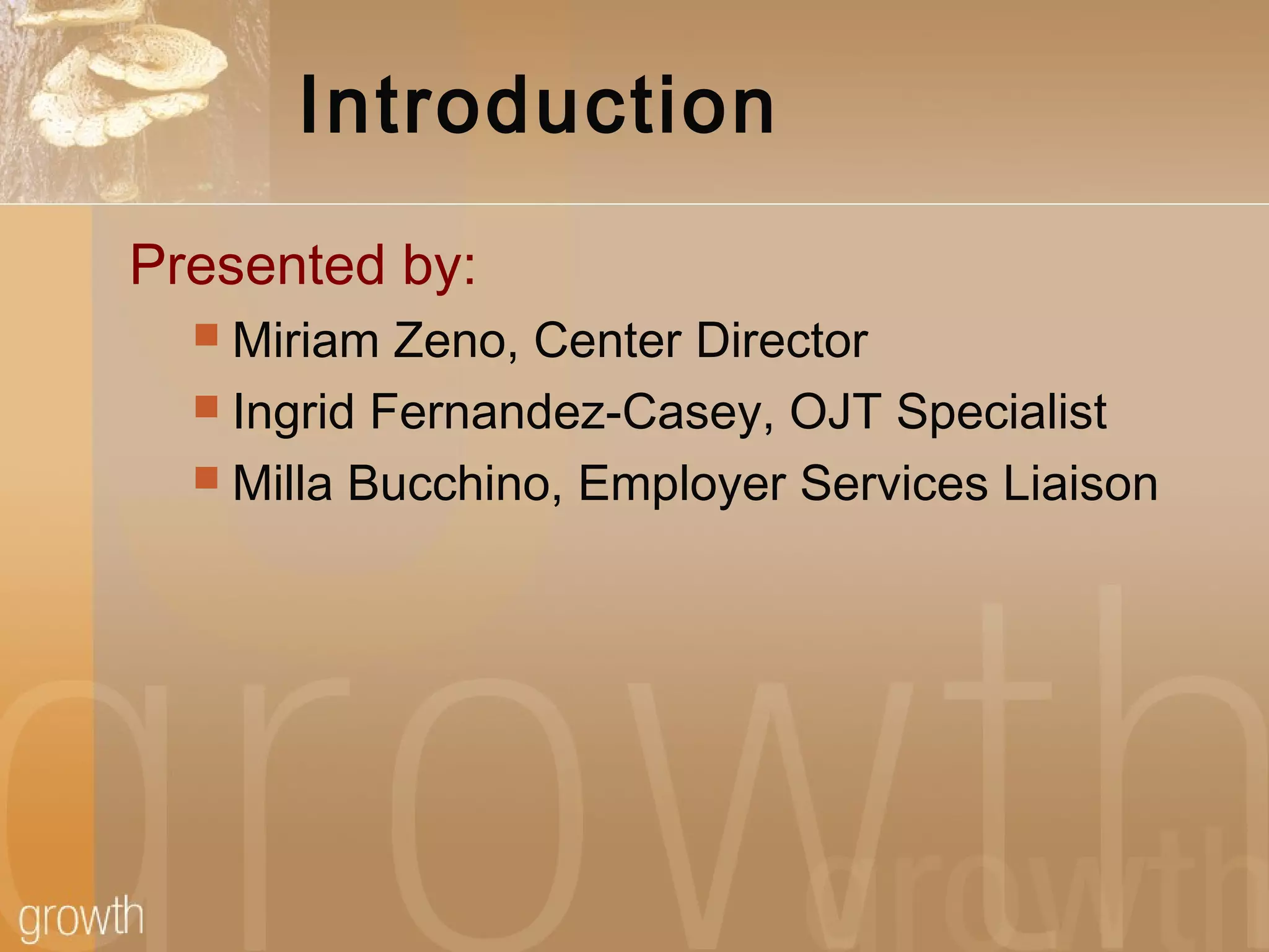 Introduction
Presented by:
 Miriam Zeno, Center Director
 Ingrid Fernandez-Casey, OJT Specialist
 Milla Bucchino, Employer Services Liaison
 