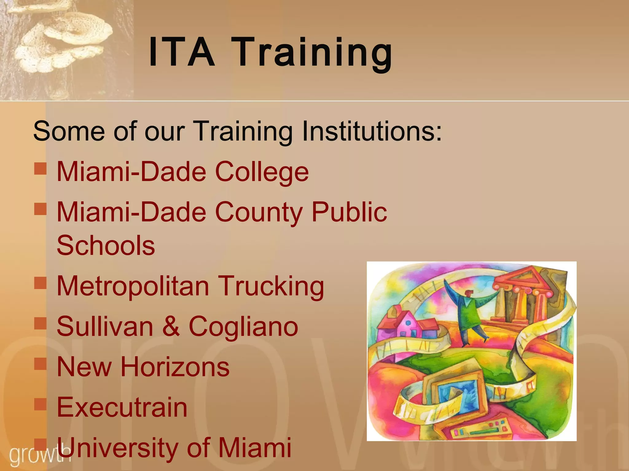 ITA Training
Some of our Training Institutions:
 Miami-Dade College
 Miami-Dade County Public
Schools
 Metropolitan Trucking
 Sullivan & Cogliano
 New Horizons
 Executrain
 University of Miami
 