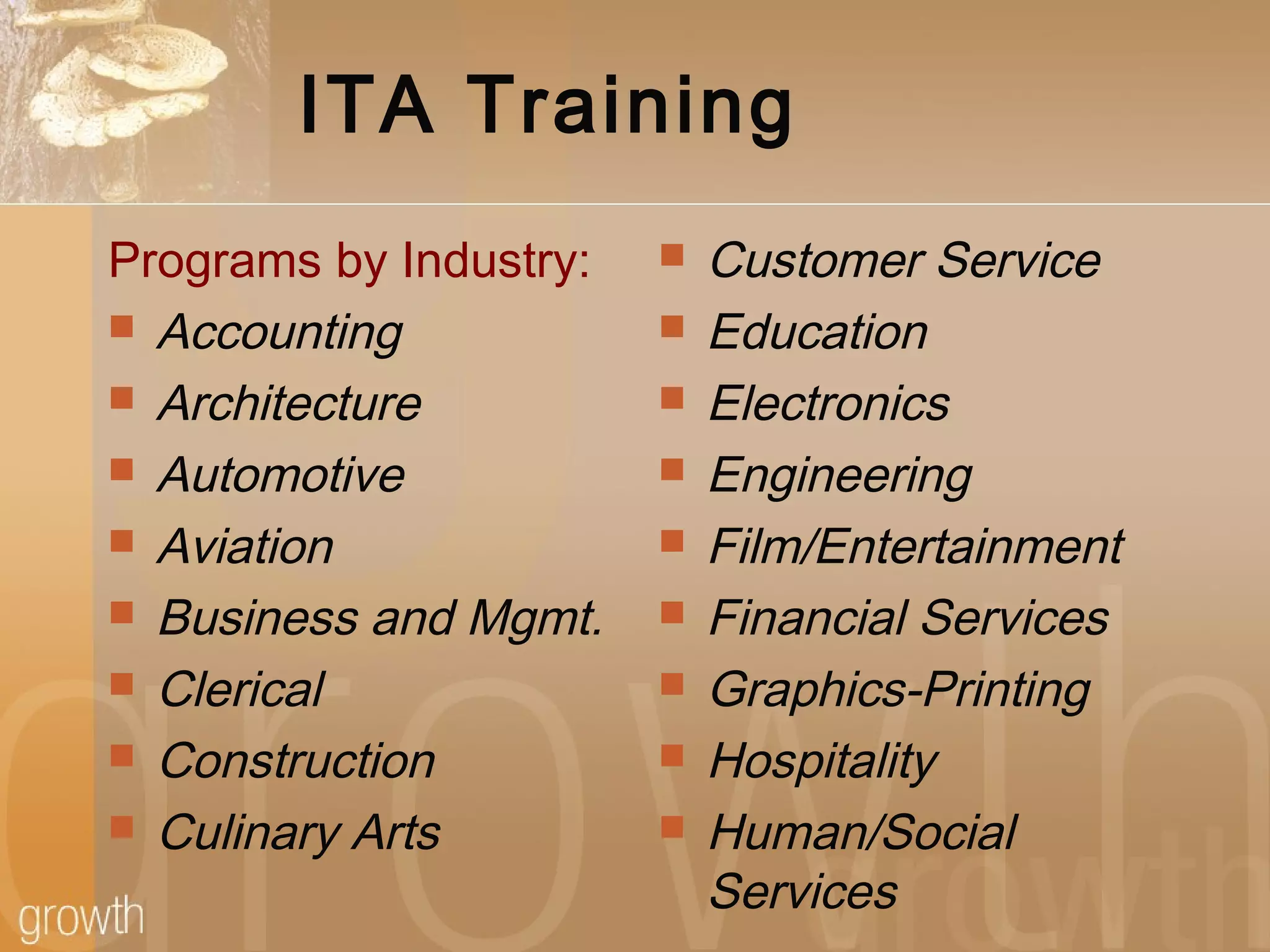 ITA Training
Programs by Industry:
 Accounting
 Architecture
 Automotive
 Aviation
 Business and Mgmt.
 Clerical
 Construction
 Culinary Arts
 Customer Service
 Education
 Electronics
 Engineering
 Film/Entertainment
 Financial Services
 Graphics-Printing
 Hospitality
 Human/Social
Services
 