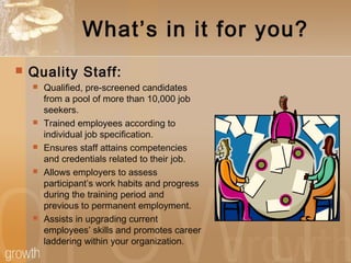What’s in it for you?
 Quality Staff:
 Qualified, pre-screened candidates
from a pool of more than 10,000 job
seekers.
 Trained employees according to
individual job specification.
 Ensures staff attains competencies
and credentials related to their job.
 Allows employers to assess
participant’s work habits and progress
during the training period and
previous to permanent employment.
 Assists in upgrading current
employees’ skills and promotes career
laddering within your organization.
 