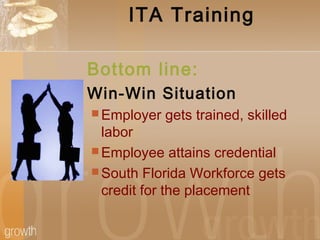 ITA Training
Bottom line:
Win-Win Situation
 Employer gets trained, skilled
labor
 Employee attains credential
 South Florida Workforce gets
credit for the placement
 