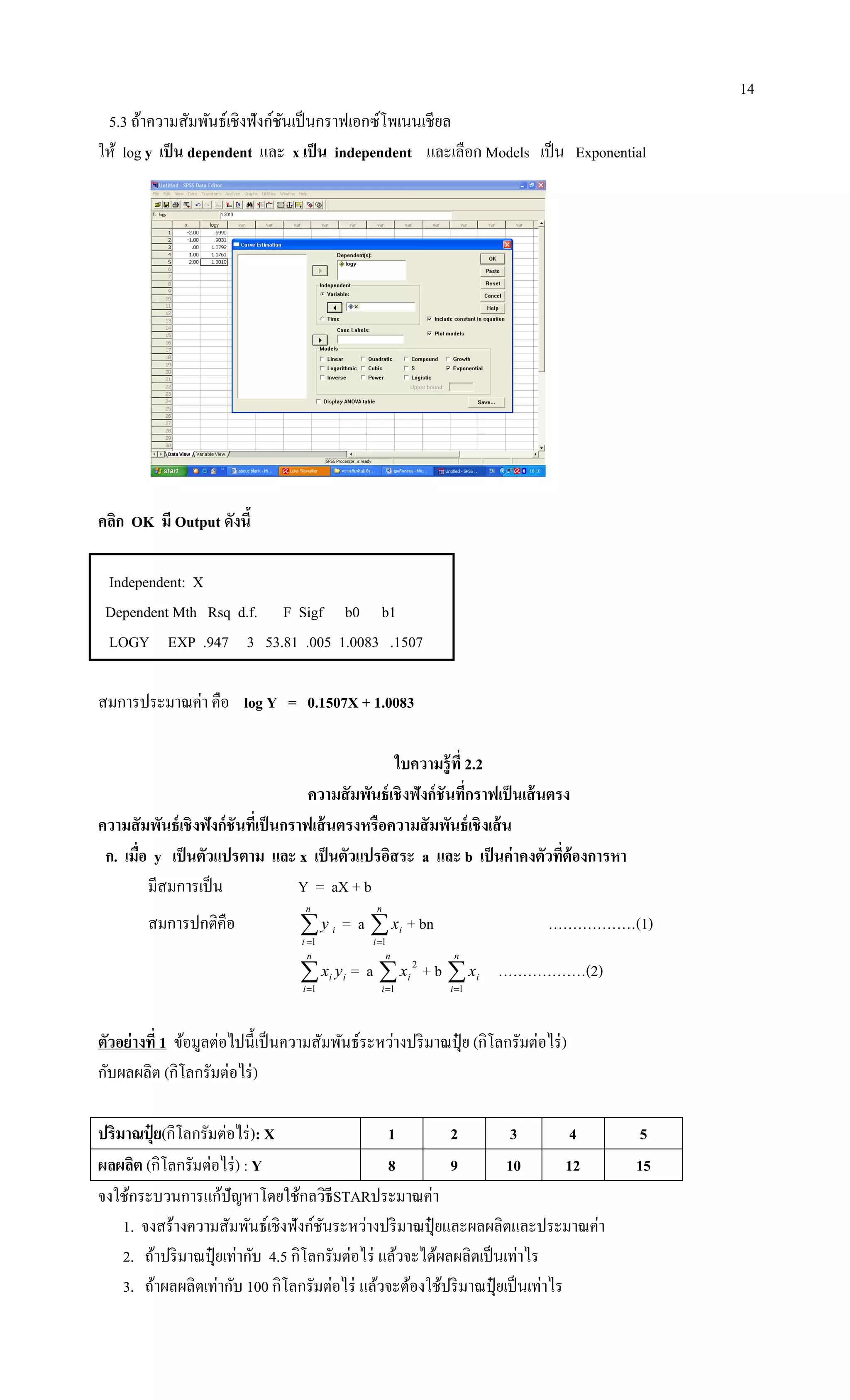 14
5.3 ถ้าความสัมพันธ์เชิงฟังก์ชันเป็นกราฟเอกซ์โพเนนเชียล
ให้ log y เป็น dependent และ x เป็น independent และเลือก Models เป็น Exponential
คลิก OK มี Output ดังนี้
Independent: X
Dependent Mth Rsq d.f. F Sigf b0 b1
LOGY EXP .947 3 53.81 .005 1.0083 .1507
สมการประมาณค่า คือ log Y = 0.1507X + 1.0083
ใบความรู้ที่ 2.2
ความสัมพันธ์เชิงฟังก์ชันที่กราฟเป็นเส้นตรง
ความสัมพันธ์เชิงฟังก์ชันที่เป็นกราฟเส้นตรงหรือความสัมพันธ์เชิงเส้น
ก. เมื่อ y เป็นตัวแปรตาม และ x เป็นตัวแปรอิสระ a และ b เป็นค่าคงตัวที่ต้องการหา
มีสมการเป็น Y = aX + b
สมการปกติคือ 
n
i
iy
1
= a 
n
i
ix
1
+ bn ………………(1)

n
i
ii yx
1
= a 
n
i
ix
1
2
+ b 
n
i
ix
1
………………(2)
ตัวอย่างที่ 1 ข้อมูลต่อไปนี้เป็นความสัมพันธ์ระหว่างปริมาณปุ๋ ย (กิโลกรัมต่อไร่)
กับผลผลิต (กิโลกรัมต่อไร่)
ปริมาณปุ๋ ย(กิโลกรัมต่อไร่): X 1 2 3 4 5
ผลผลิต (กิโลกรัมต่อไร่) : Y 8 9 10 12 15
จงใช้กระบวนการแก้ปัญหาโดยใช้กลวิธีSTARประมาณค่า
1. จงสร้างความสัมพันธ์เชิงฟังก์ชันระหว่างปริมาณปุ๋ ยและผลผลิตและประมาณค่า
2. ถ้าปริมาณปุ๋ ยเท่ากับ 4.5 กิโลกรัมต่อไร่ แล้วจะได้ผลผลิตเป็นเท่าไร
3. ถ้าผลผลิตเท่ากับ 100 กิโลกรัมต่อไร่ แล้วจะต้องใช้ปริมาณปุ๋ ยเป็นเท่าไร
 